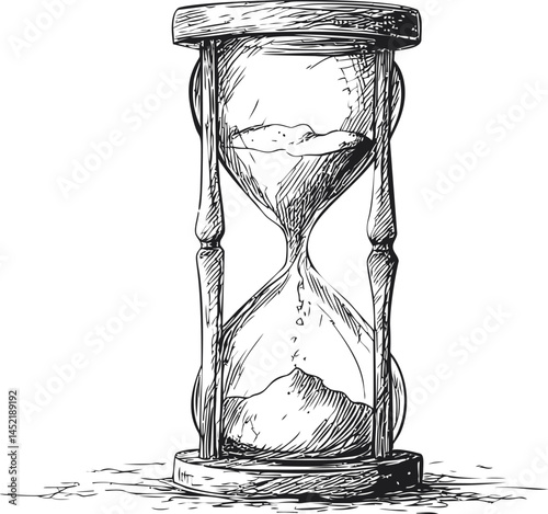 Vintage hourglass illustration with flowing sand in black and white sketch. Vector illustration.