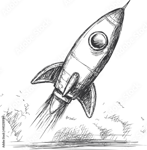 Hand-drawn rocket launching into the sky with detailed sketch lines. Vector illustration.