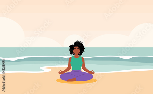 Black woman is sitting on the beach and meditating. The scene is peaceful and calming, with the sound of the waves in the background. The woman is focused on her breathing and is in a relaxed state