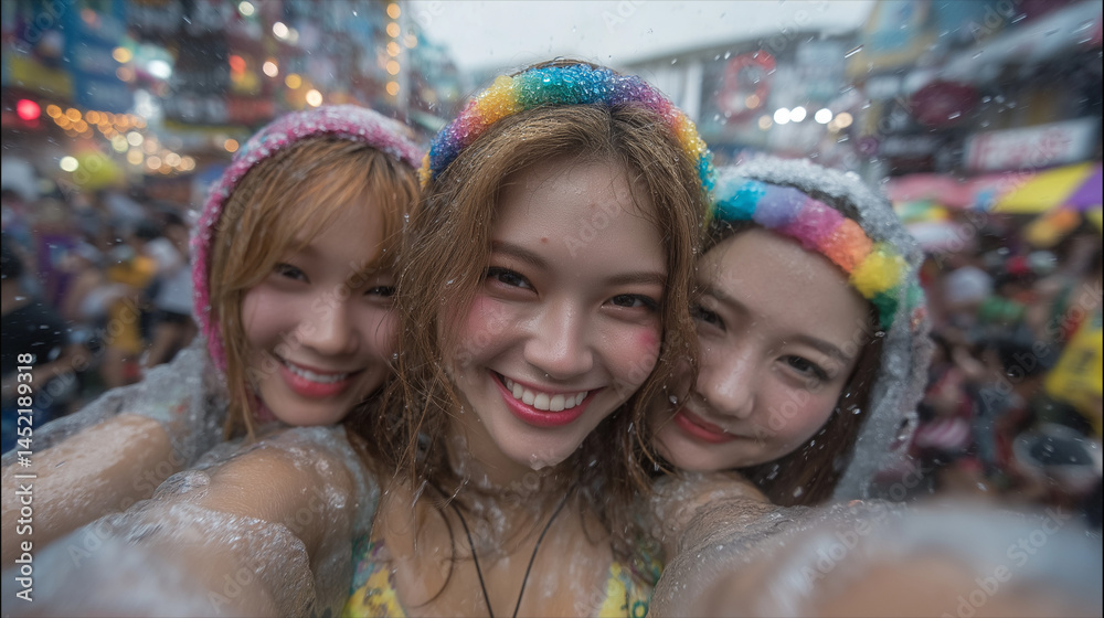 Obraz premium Smiling Girls Enjoy Sinchon Water Gun Festival – Fun Summer Street Event in Korea