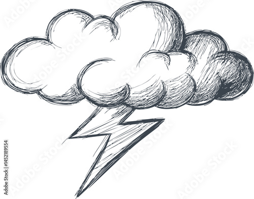 Hand-drawn black and white cloud with a lightning bolt, sketch illustration. Vector illustration.