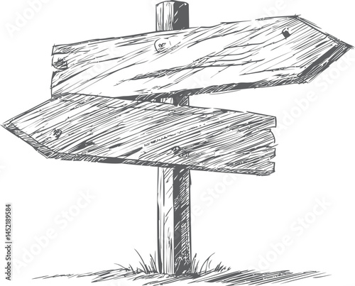 Vintage wooden directional signpost illustration in grayscale sketch design. Vector illustration.