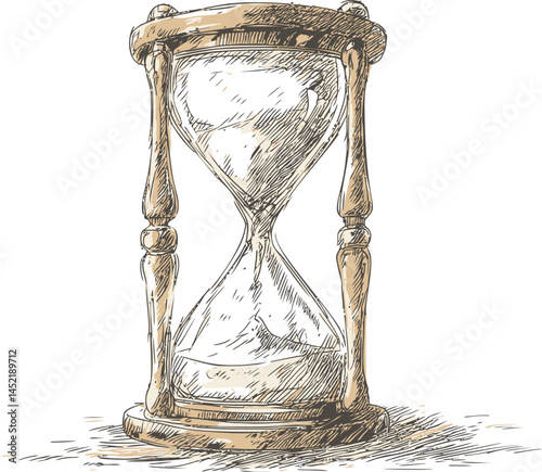 Illustration of a classic hourglass with detailed wooden frame and sand flow. Vector illustration.