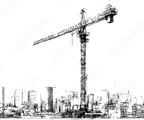 Monochrome illustration of a crane towering over a city skyline. Vector illustration.