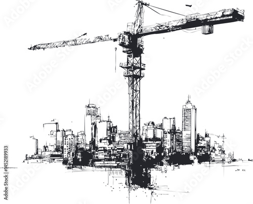 Urban skyline with tower crane in black and white, architectural design concept. Vector illustration.