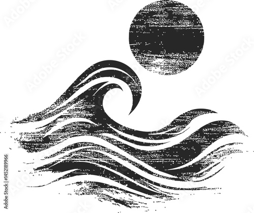 Stylized black and white illustration of waves and sun with grunge texture. Vector illustration.