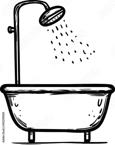 Illustration of a vintage bathtub with shower head and water spray in black and white. Vector illustration.