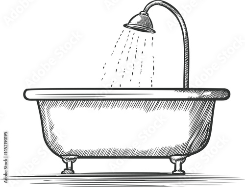 Vintage bathtub with shower head illustration in black and white, sketch style. Vector illustration.