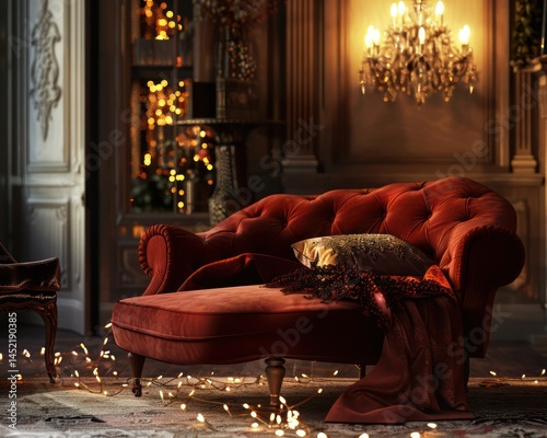 Luxury red chaise lounge interior scene