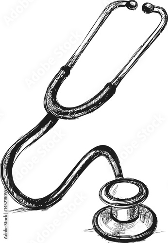Black and white sketch of a stethoscope on a plain background. Vector illustration.