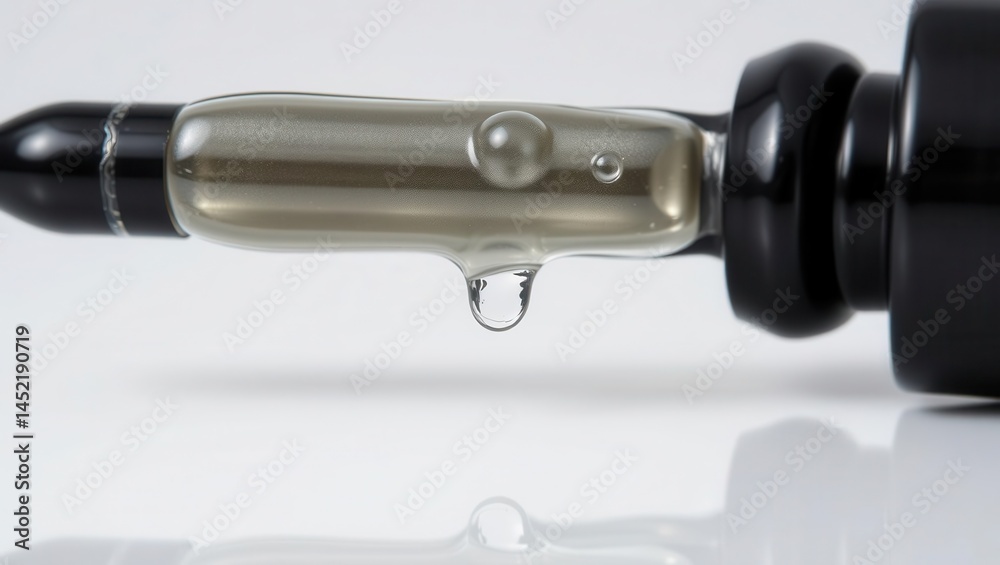 Dropper bottle with clear liquid and drop on glass surface Dropper bottle with clear liquid and drop on glass surface