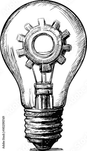Sketch of a light bulb with a gear inside symbolizing innovation. Vector illustration.