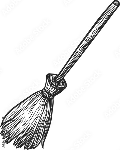 Vintage illustration of a classic witch's broomstick in black and white. Vector illustration.