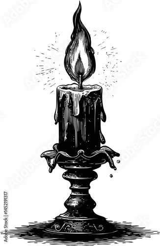 Black and white illustration of a melting candle on a candlestick. Vector illustration.