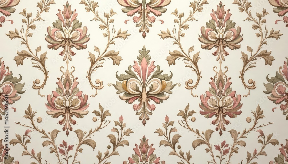 Fototapeta premium Subtle floral damask motif on a muted background, creating a luxurious seamless pattern , wallpaper design, design element