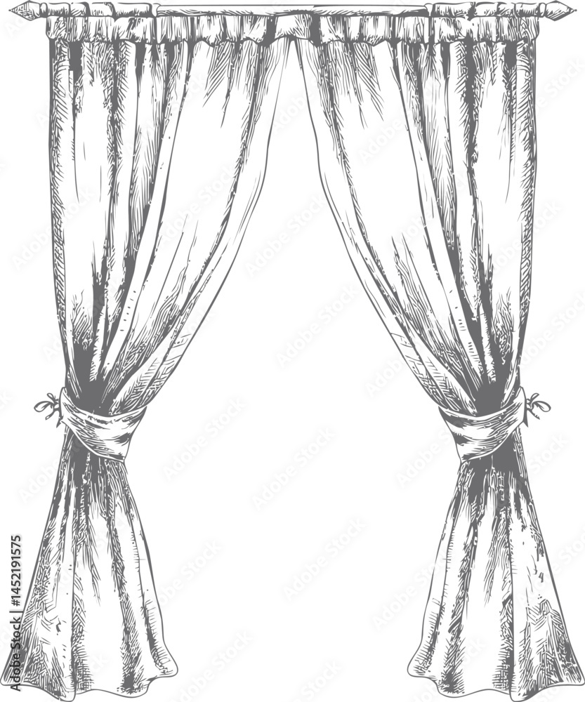 Sketch of elegant curtains with detailed fabric texture. Vector illustration. Sketch of elegant curtains with detailed fabric texture. Vector illustration.