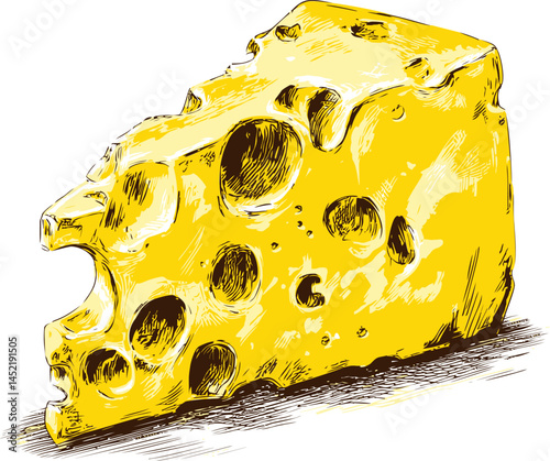 Illustration of yellow cheese with holes and rough texture, vintage style. Vector illustration.