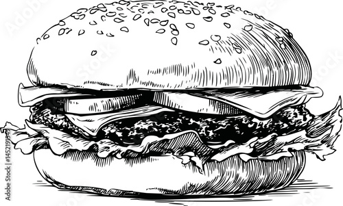 Black and white sketch of a cheeseburger with lettuce and sesame seed bun. Vector illustration.