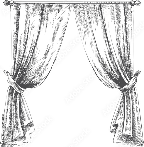 Detailed sketch of elegant draped curtains with fabric texture. Vector illustration.