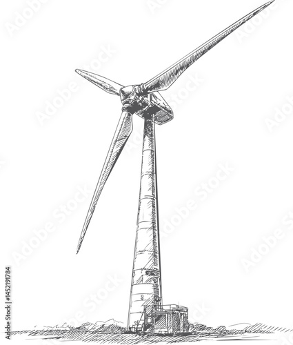 Detailed sketch of a large wind turbine. Vector illustration.