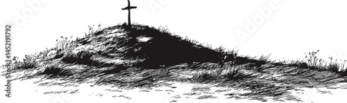Lonely grave with cross atop grassy mound in black and white sketch. Vector illustration.