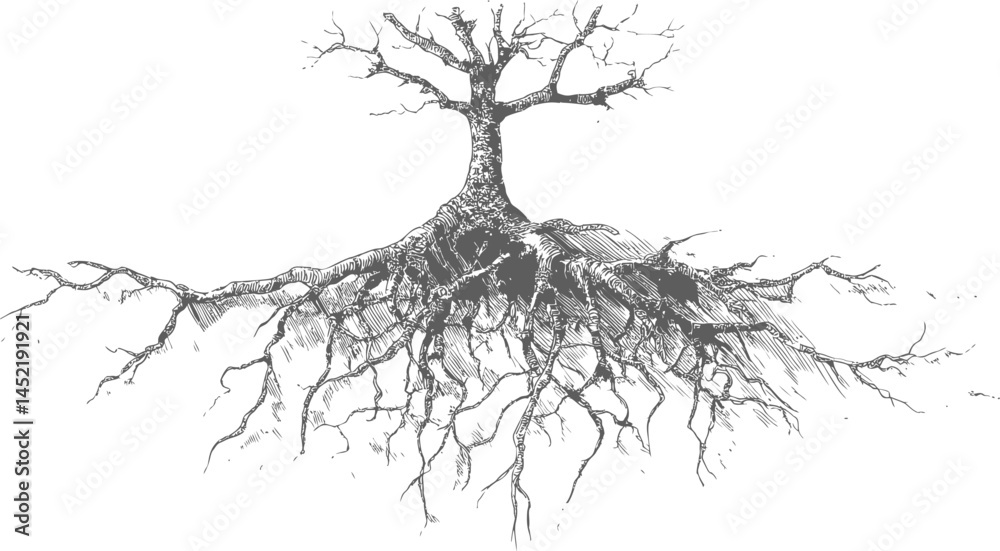 Intricate tree with exposed roots drawn in black and white sketch style. Vector illustration.