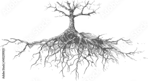 Intricate tree with exposed roots drawn in black and white sketch style. Vector illustration.