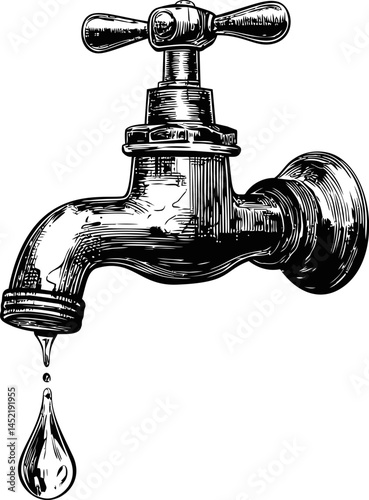 Vintage faucet illustration with detailed dripping water in monochrome style. Vector illustration.