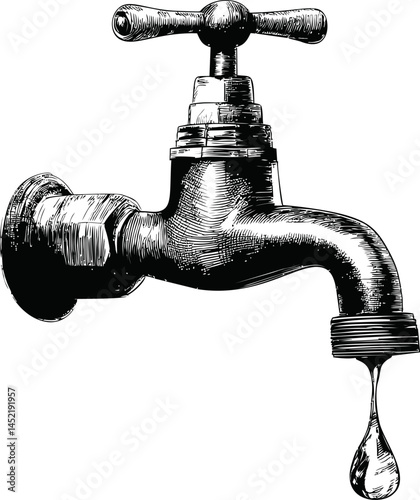 Black and white vintage faucet with a single water droplet dripping. Vector illustration.
