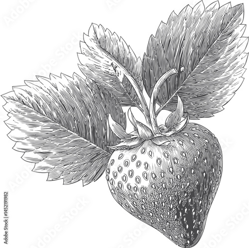 Detailed line drawing of a strawberry with leaves in monochrome style. Vector illustration.