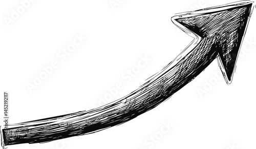 Curved black sketch arrow pointing upward, hand-drawn illustration. Vector illustration.