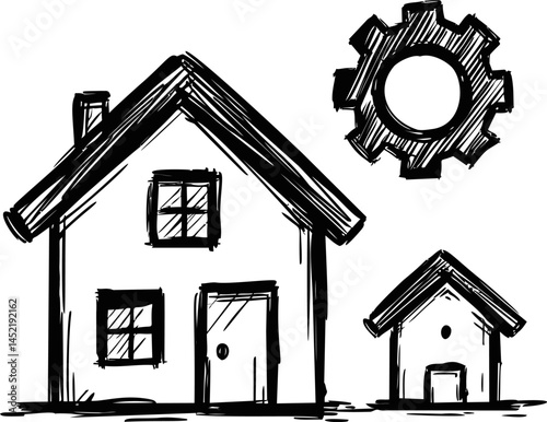 Sketch of two houses and a gear symbolizing construction concept. Vector illustration.