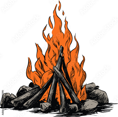 Campfire illustration with flames and logs in rustic style artwork. Vector illustration.