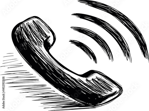 Sketch of a ringing telephone handset with sound lines in black and white. Vector illustration.