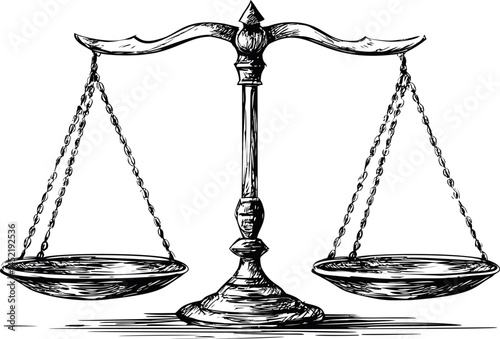 Sketch of vintage balance scales in black for justice and law. Vector illustration.