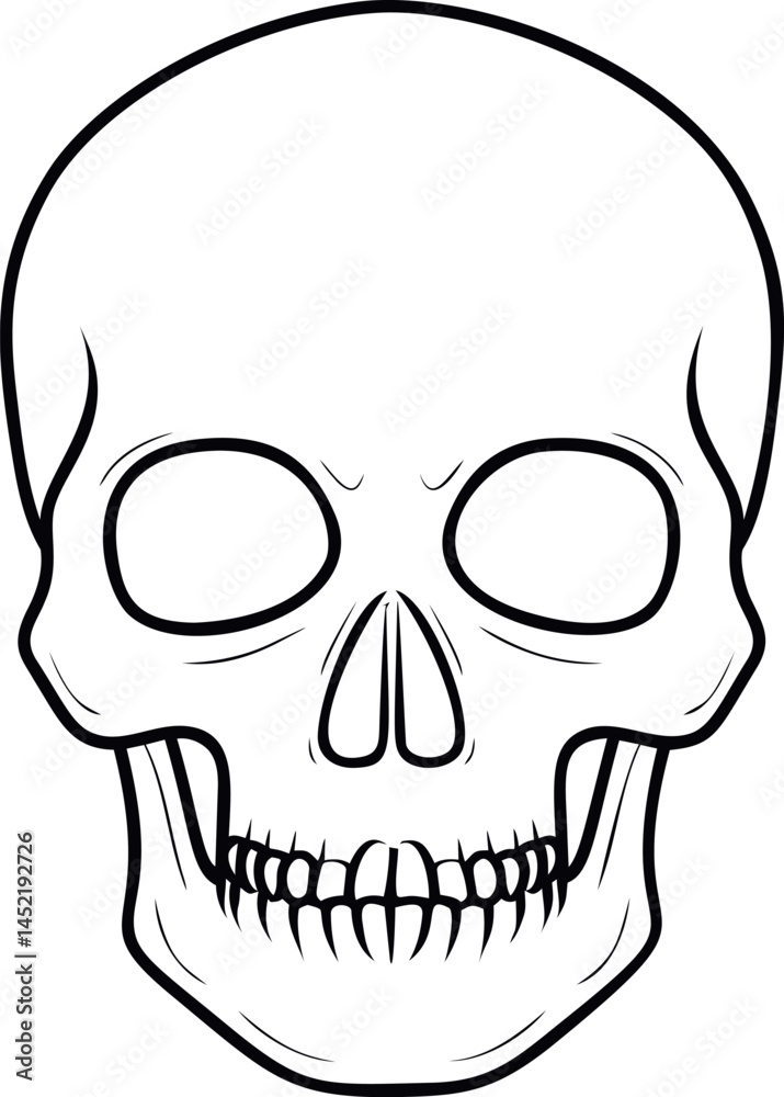 Black and white outline of a human skull with hollow eyes, graphic illustration. Vector illustration. Black and white outline of a human skull with hollow eyes, graphic illustration. Vector illustration.