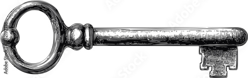 Antique illustration of an ornate vintage key with intricate details. Vector illustration.