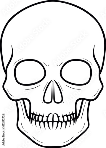 Black and white outline of a human skull with hollow eyes, graphic illustration. Vector illustration.