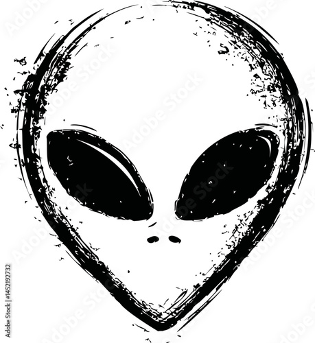 Alien head in black and white with large eyes and textured style. Vector illustration.