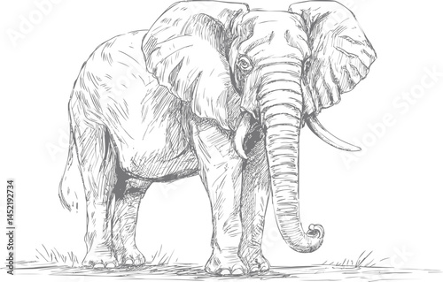 Detailed sketch of an elephant with large ears and trunk in black and white. Vector illustration.