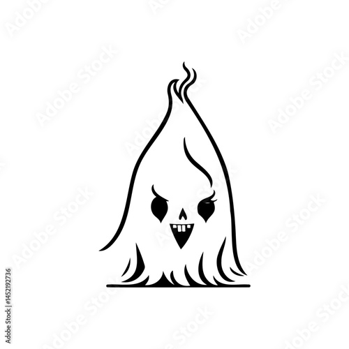 Spooky minimalist ghost design with skull features and flame-like hair graphics