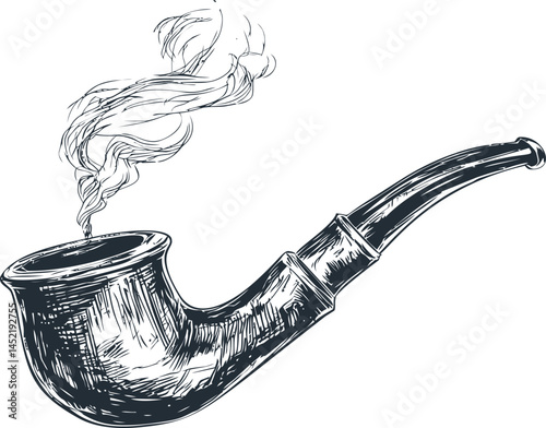 Smoking pipe with swirling smoke in black and white illustration. Vector illustration.