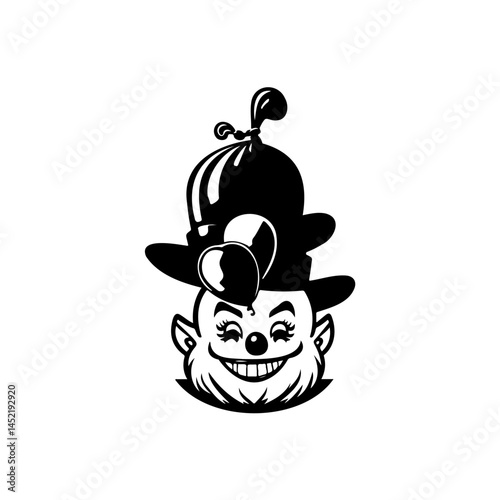 Whimsical monochrome portrait of a jovial character with distinctive headwear