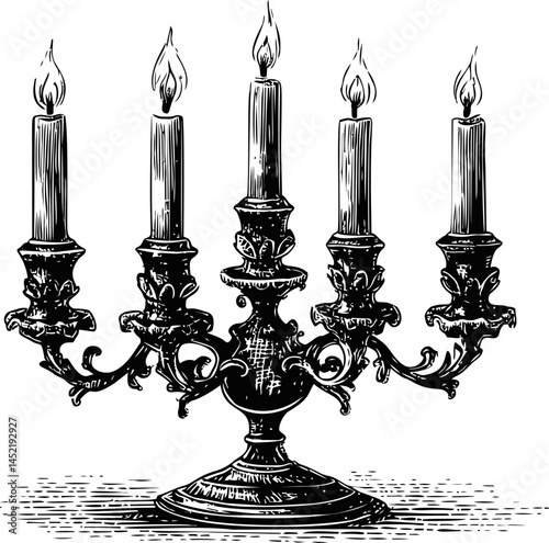 Vintage candelabrum with five lit candles in intricate black and white drawing. Vector illustration.
