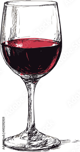 Illustrated glass of red wine with detailed sketch lines. Vector illustration.