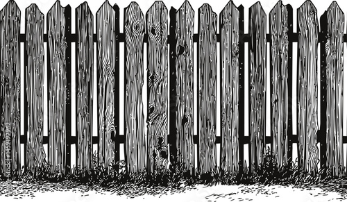 Wooden fence in black and white with detailed texture, engraving illustration. Vector illustration.