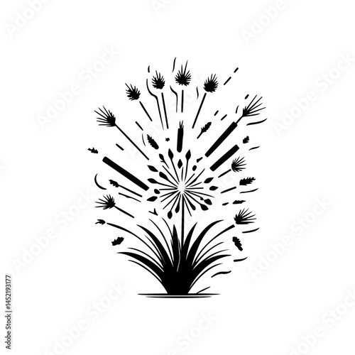 Abstract botanical illustration evoking growth and dispersion in a monochrome style