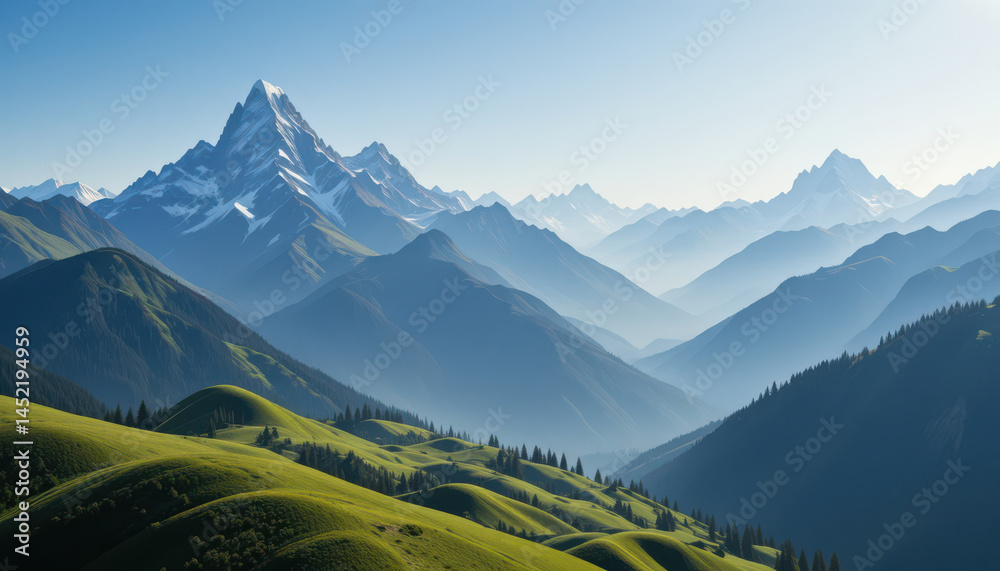 Obraz premium Majestic mountains rise above lush green hills, creating serene landscape filled with
