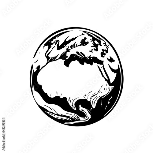 Stylized earth illustration featuring continents in a bold monochrome graphic design