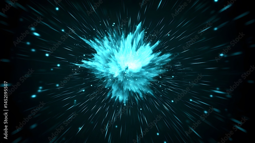 Obraz premium Abstract teal explosion burst radiating energy in dark space background digital art